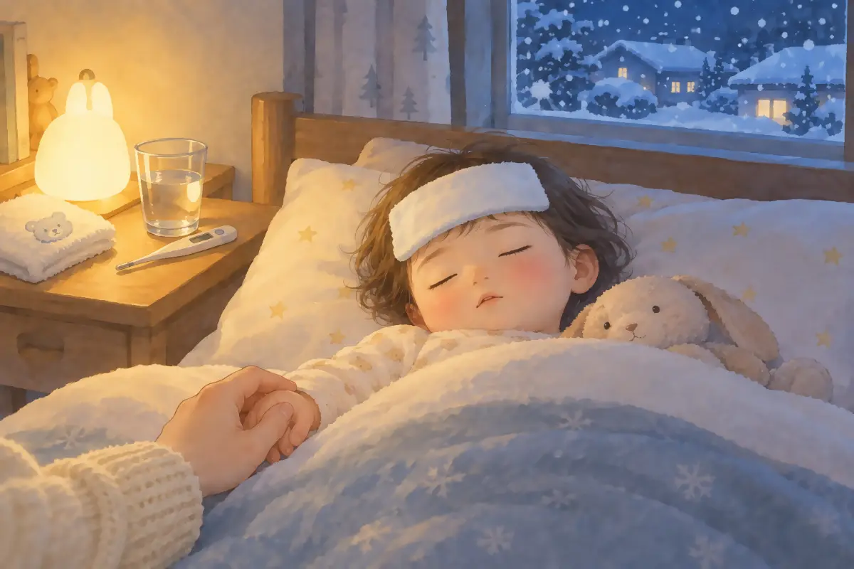 雪の夜、熱を出して眠る子の手をにぎる手