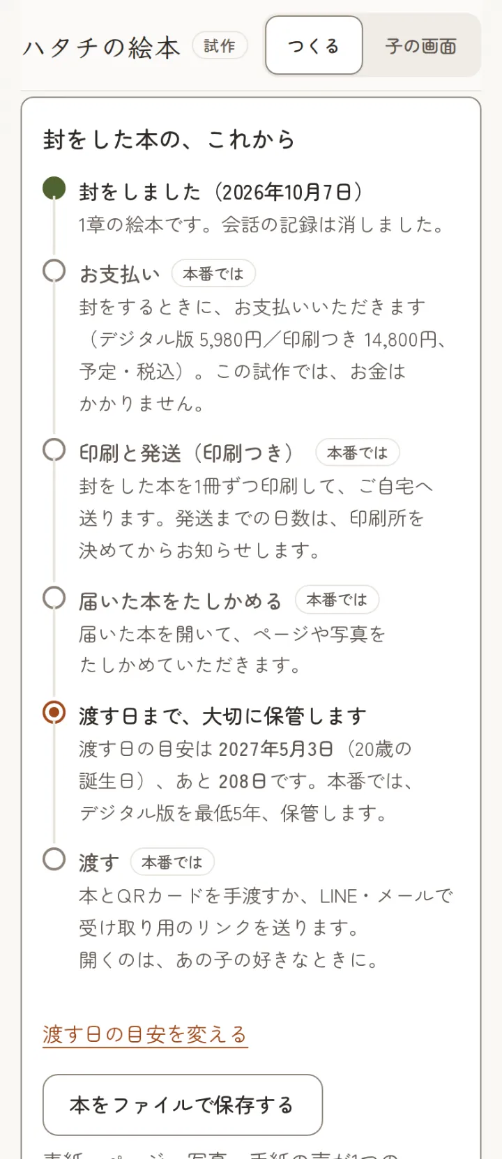 封をした本の、これからの流れ。渡す日まで、あと何日かが出ている